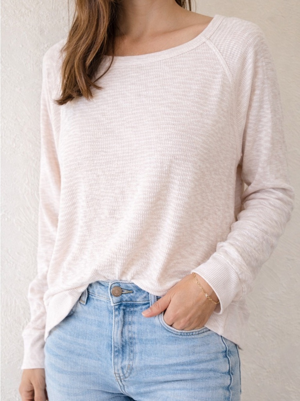 Left of Center Anthropologie Waffle Knit Top XS | Cream Minimalist Boho